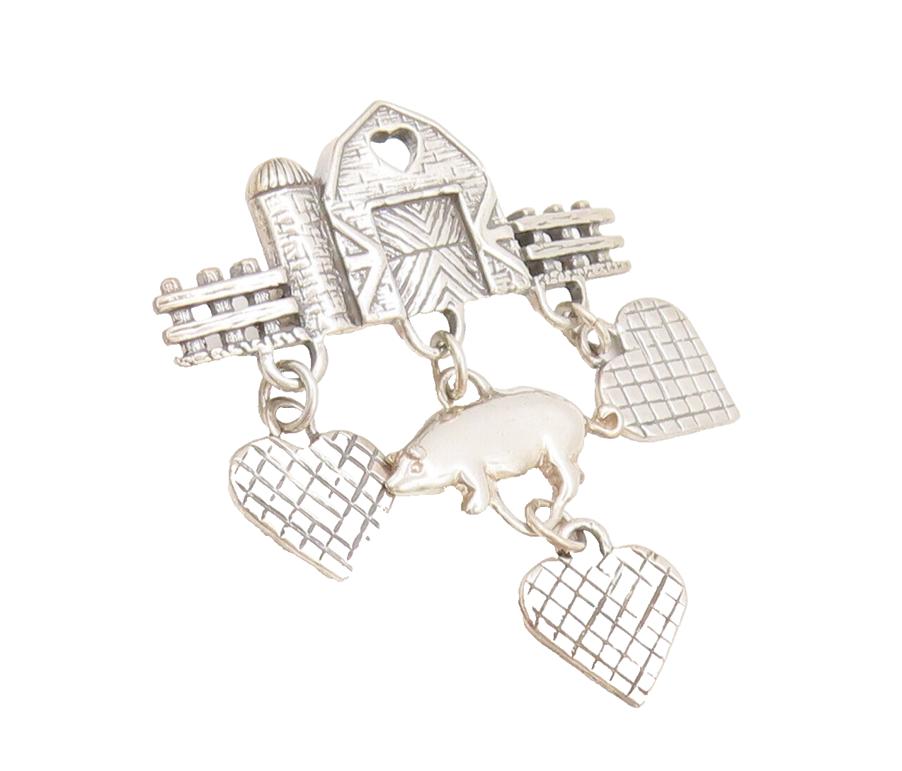 925 Sterling Silver  Vintage Dangling Pig, Heart Farm Life Brooch Pin  BP10331