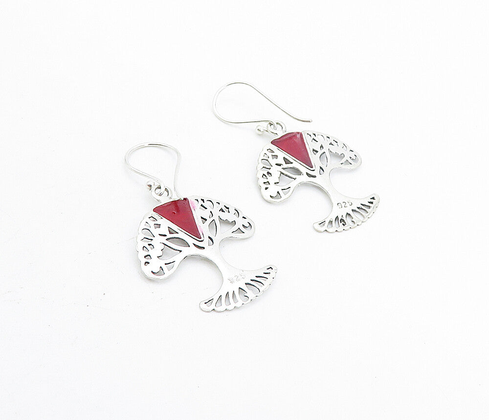 925 Sterling Silver  Red Sponge Coral Tree Of Life Dangle Earrings  EG3392