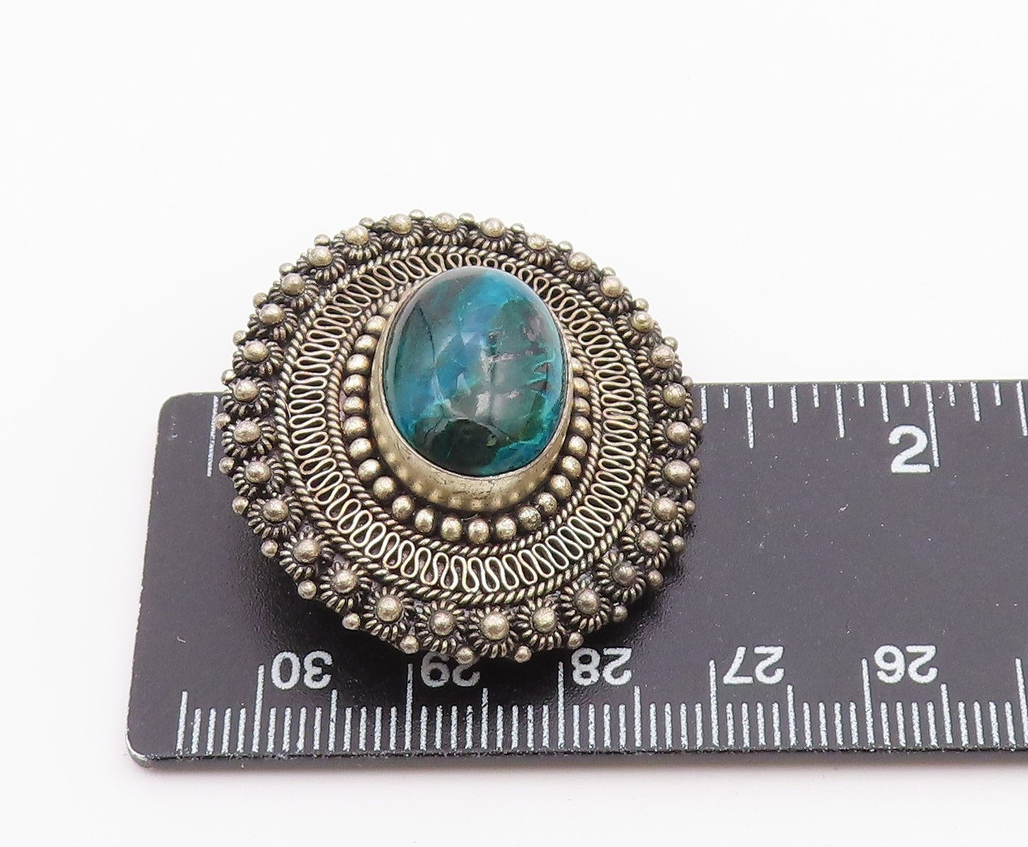 ISRAEL 925 Silver  Vintage Beaded & Wire Border Chrysocolla Brooch Pin  BP9604