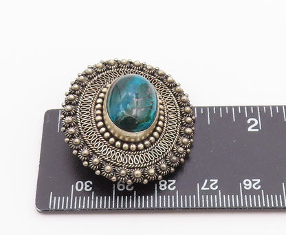 ISRAEL 925 Silver  Vintage Beaded & Wire Border Chrysocolla Brooch Pin  BP9604
