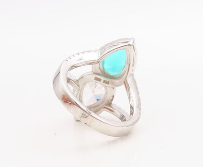 925 Sterling Silver Vintage Ring Designer Drop Sea Green & White CZ Sz 7 RG30735