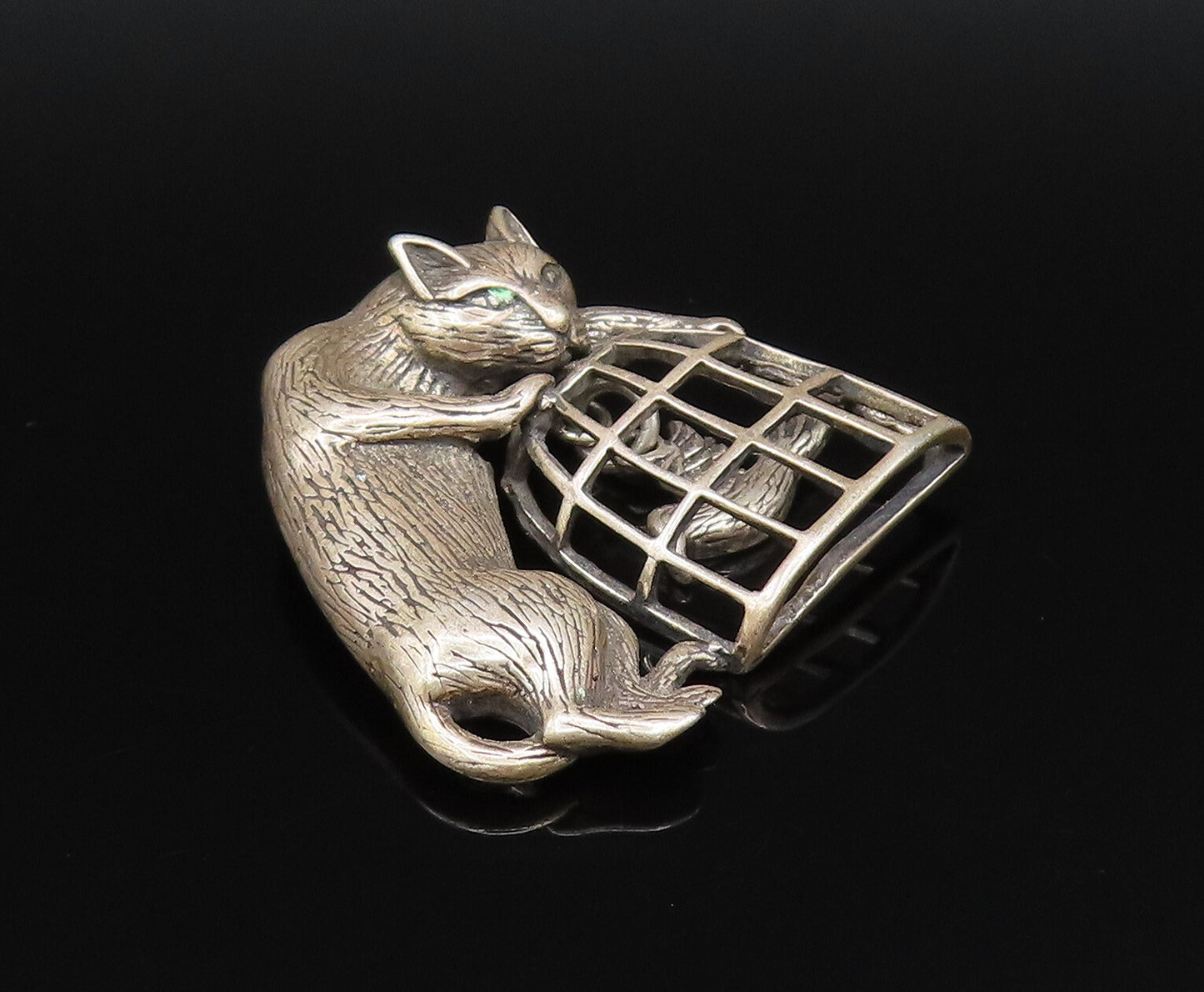 JEZLAINE 925 Silver  Vintage Carved Cat With Bird Cage Brooch Pin  BP9785