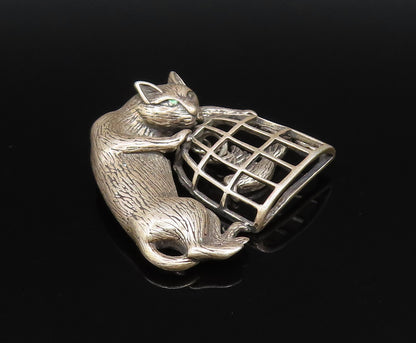 JEZLAINE 925 Silver  Vintage Carved Cat With Bird Cage Brooch Pin  BP9785