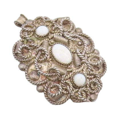 925 Sterling Silver Vintage Brooch ISRAEL Opal Twisted Rope Floral Pin  BP11910
