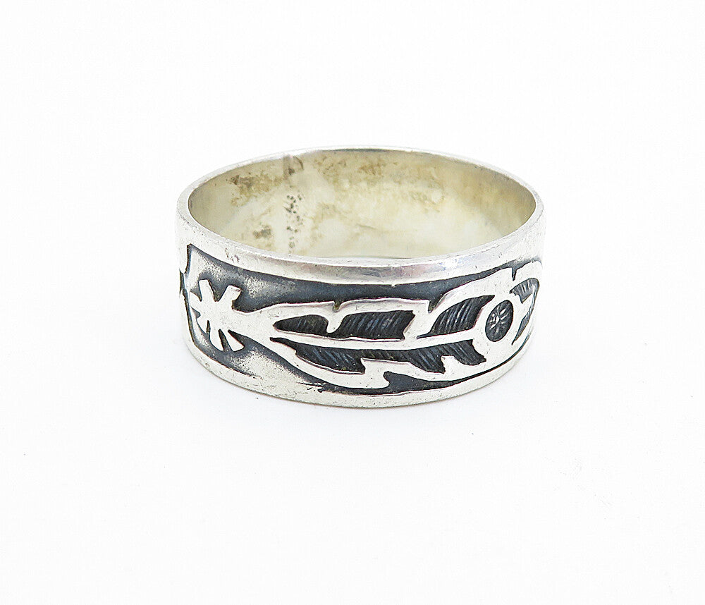 925 Silver Vintage Oxidized Feather Band Ring Sz 13.5 RG7414