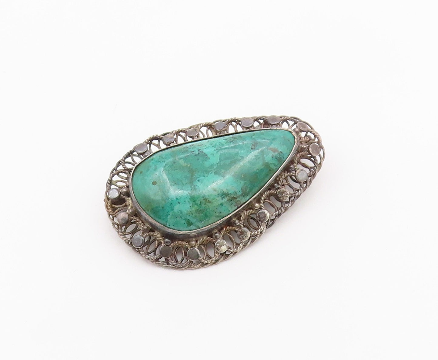 ISRAEL 925 Silver  Vintage Cabochon Cut Eilat Stone Twist Brooch Pin  BP7329
