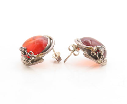 925 Sterling Silver Vintage Earrings Designer Floral Cabochon Amber  EG13288