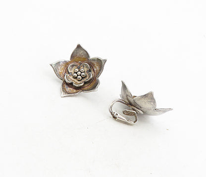 925 Sterling Silver  Vintage Handmade Flower Motif Non Pierce Earrings  EG4499