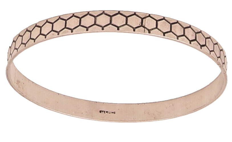 925 Sterling Silver  Vintage Etched Honeycomb Bangle Bracelet  BT9808