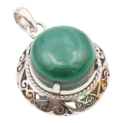 925 Sterling Silver  Vintage Cabochon Malachite Open Scroll Pendant  PT20877