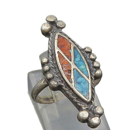 SOUTHWESTERN 925 Silver Vintage Turquoise & Coral Band Ring Sz 5 RG23590