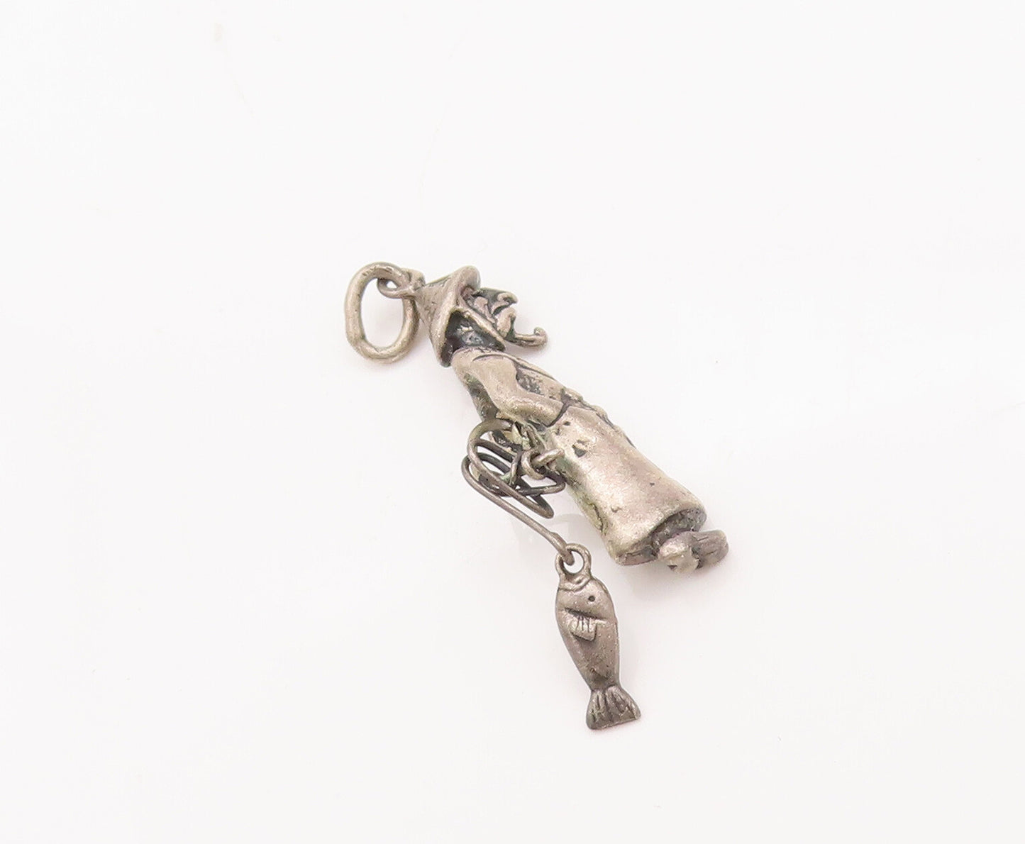 925 Sterling Silver Vintage Pendant Solid 3D Carved Fisher Man Charm  PT23056