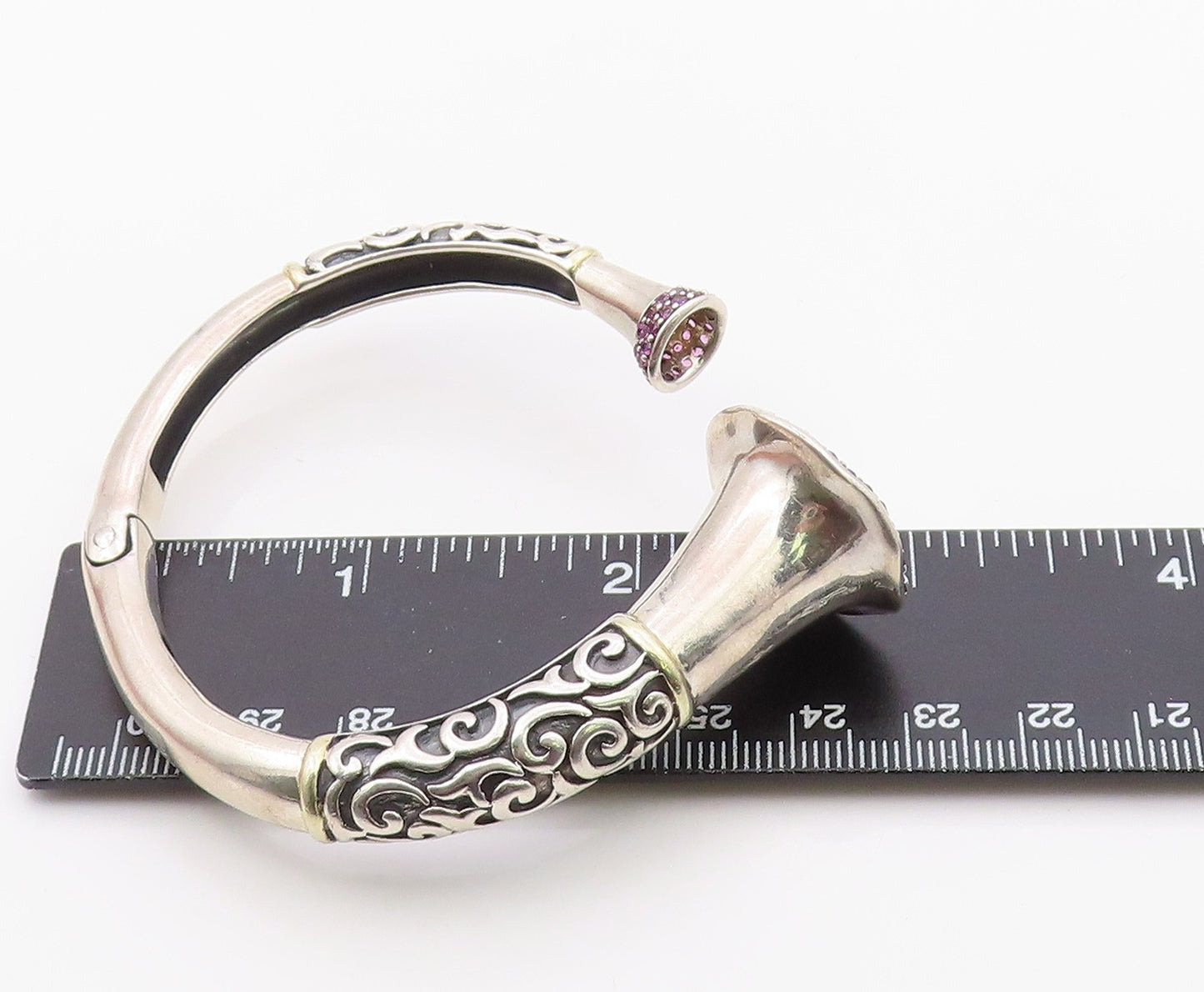 925 Sterling Silver Vintage Bracelet Real Ruby Scrollwork Open Cuff  BT12101
