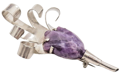 925 Sterling Silver  Vintage Carved 3D Amethyst Flower Brooch Pin  BP10433