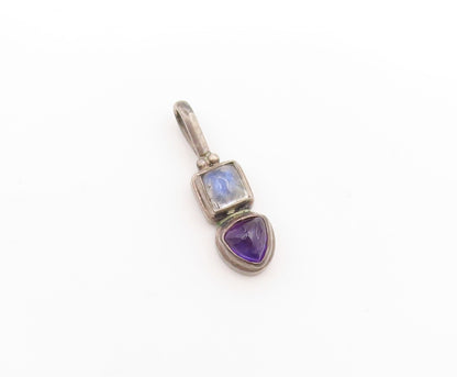 925 Sterling Silver Vintage Pendant Amethyst & Moonstone Bezel Set Charm PT25036