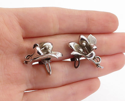 925 Sterling Silver  Vintage Shiny Sculpted Flower Non Pierce Earrings  EG2266