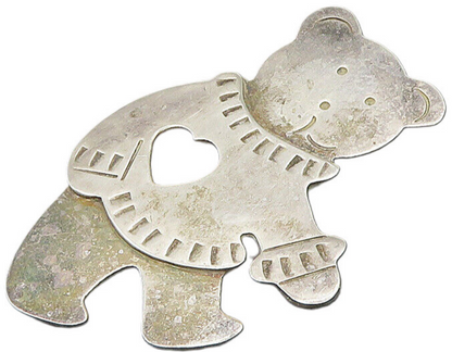 MEXICO 925 Silver  Vintage Teddy Bear Love Heart Sweater Brooch Pin  BP8984