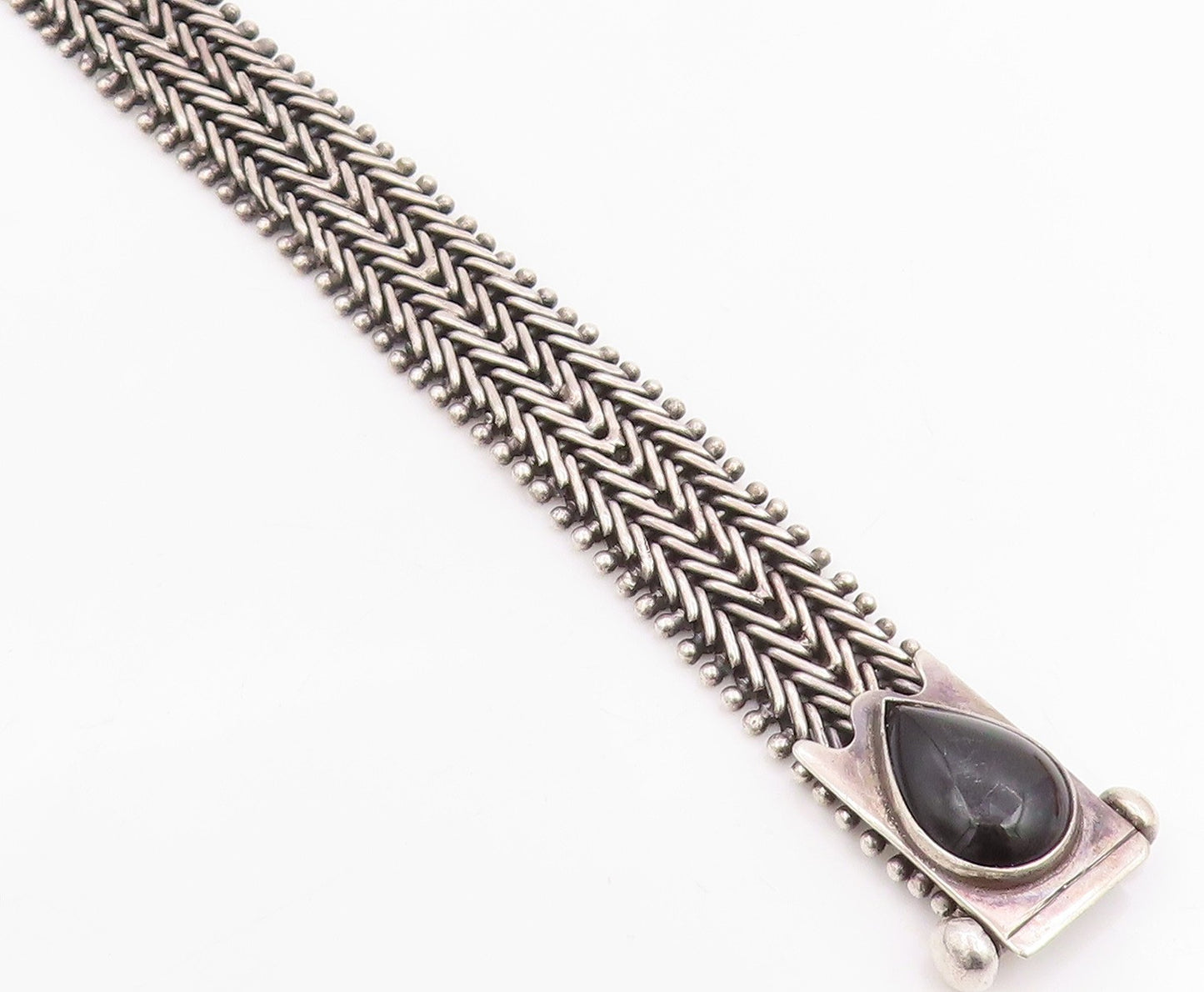 925 Sterling Silver Vintage Bracelet Pear Cut Onyx Intricate Woven Link  BT11847
