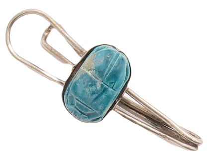 925 Sterling Silver Vintage Tie Clip MIDDLE EAST Turquoise Scarab Carve TR3741