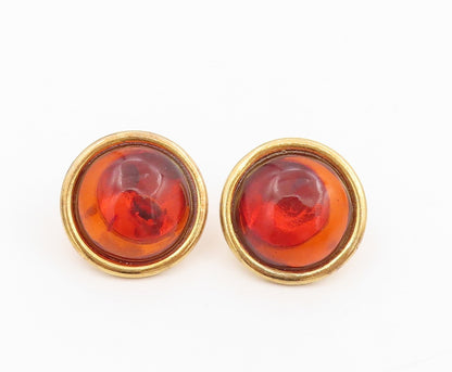925 Sterling Silver Vintage Earrings Gold Plated Cabochon Amber Studs  EG13795