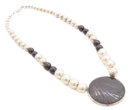 925 Sterling Silver  Vintage Black Onyx Shiny Ball Bead Chain Necklace  NE1080