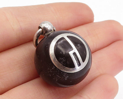 925 Sterling Silver  Vintage Black Onyx Sphere Patterned Drop Pendant  PT3433