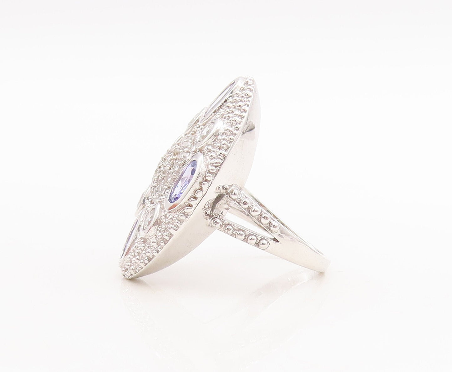 925 Sterling Silver Vintage Ring Large Oval Sapphire & CZ Inlay  Sz 7  RG29557