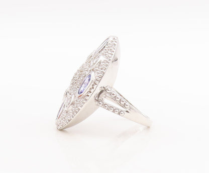 925 Sterling Silver Vintage Ring Large Oval Sapphire & CZ Inlay  Sz 7  RG29557