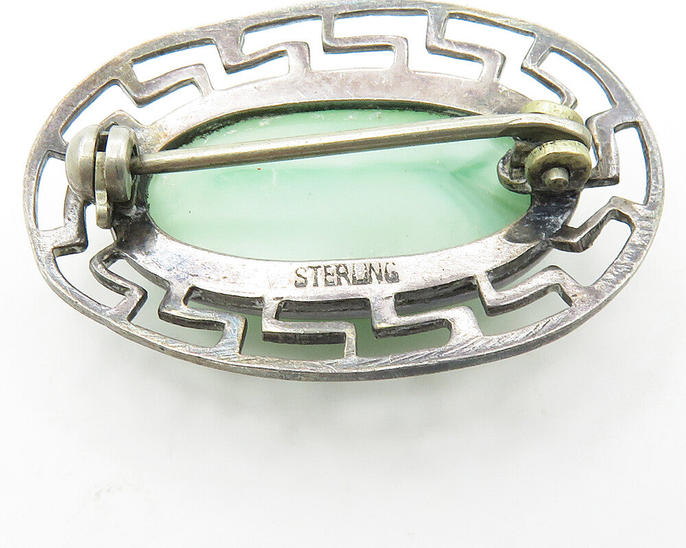 925 Sterling Silver  Vintage Cabochon Green Stone Oval Brooch Pin  BP7424