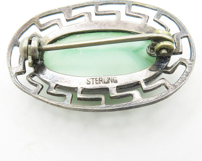 925 Sterling Silver  Vintage Cabochon Green Stone Oval Brooch Pin  BP7424