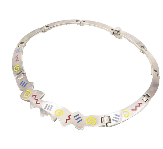 DESIGNER 925 Sterling Silver  Vintage Enamel Pattern Collar Necklace  NE3199