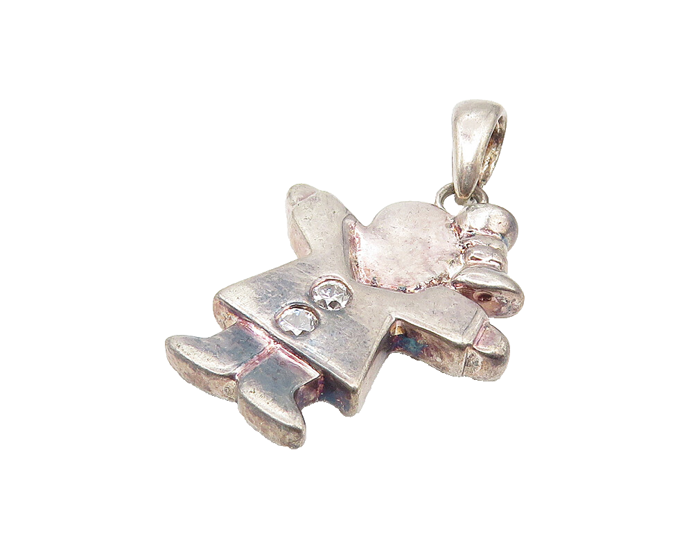 925 Sterling Silver  Vintage Topaz Dark Tone Girl In Dress Pendant  PT8818