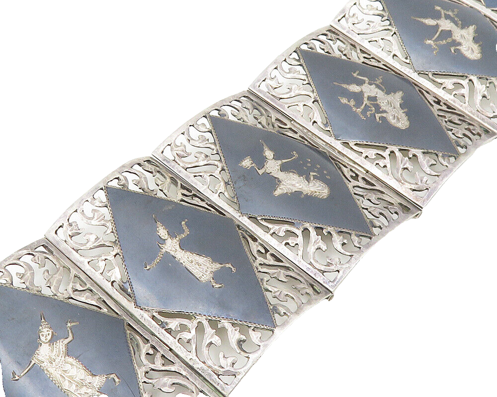 SIAM 925 Sterling Silver  Vintage Enamel Dancer Panel Chain Bracelet  BT7553