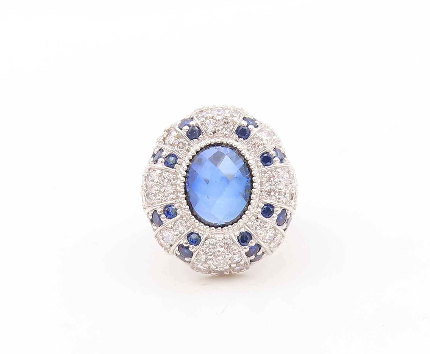 925 Sterling Silver Vintage Ring Designer Oval Sapphire & CZ Inlay Sz 7  RG30783