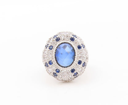 925 Sterling Silver Vintage Ring Designer Oval Sapphire & CZ Inlay Sz 7  RG30783
