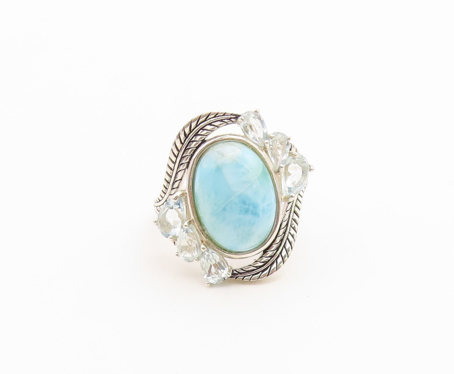 925 Sterling Silver Vintage Ring Larimar & Aquamarine Feather Band Sz 8 RG36758