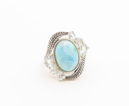 925 Sterling Silver Vintage Ring Larimar & Aquamarine Feather Band Sz 8 RG36758