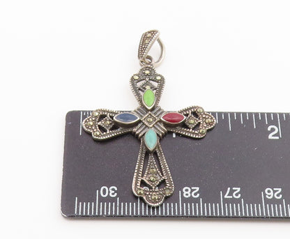 925 Sterling Silver Vintage Pendant Multi Gemstone Religious Cross Charm PT26562