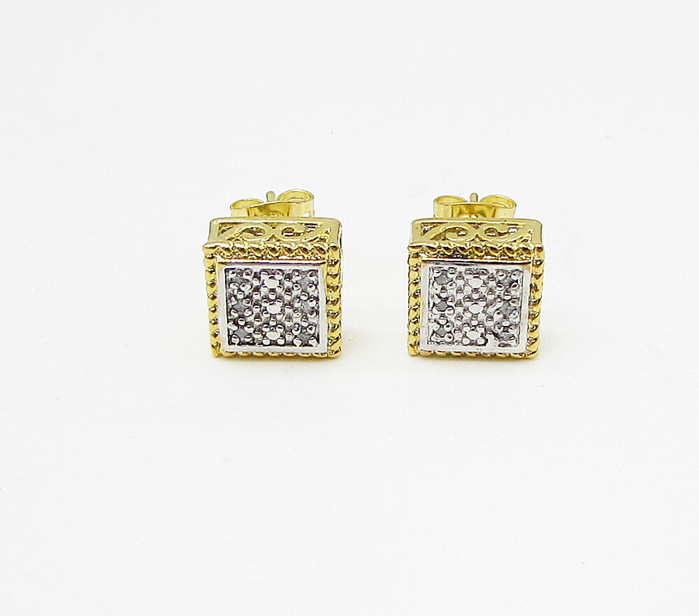 Gold Over 925 Silver  .12ctw Genuine Diamonds Dice Stud Earrings  EG1909