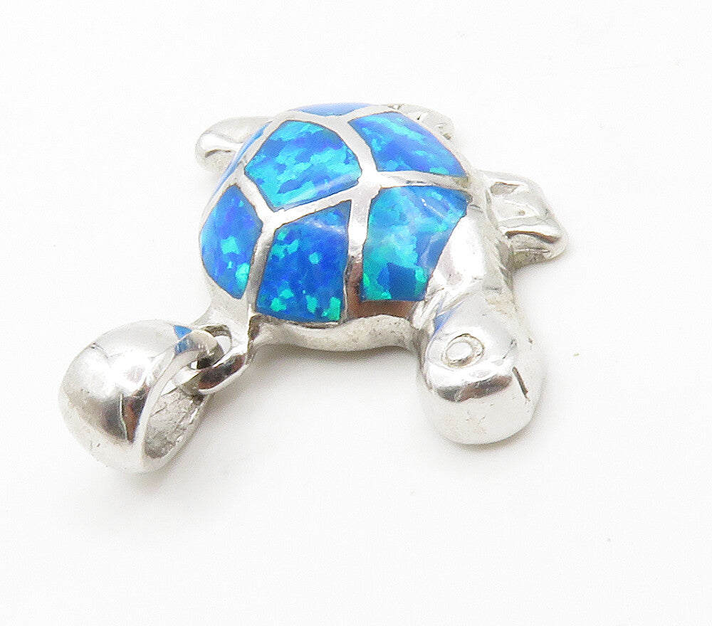 925 Sterling Silver  Inlaid Blue Fire Opal Sea Turtle Motif Pendant  PT11728