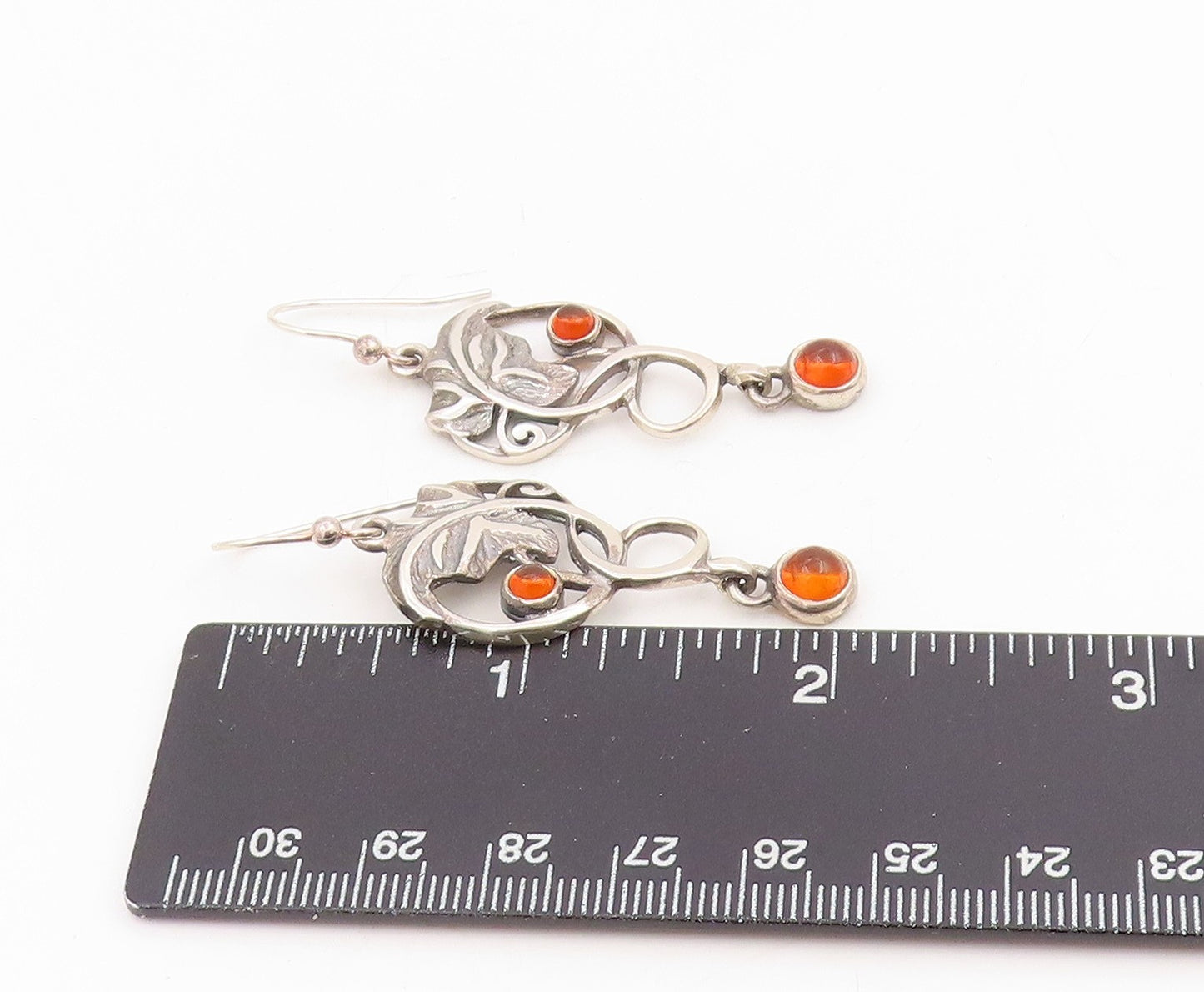 925 Sterling Silver Vintage Earrings Cabochon Amber Floral Leaf Motif  EG14076