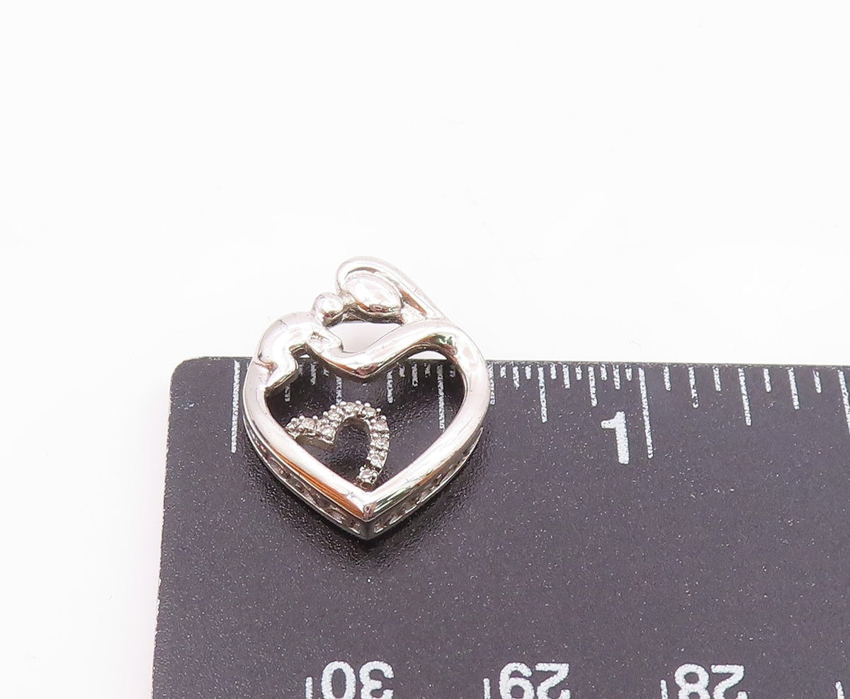 925 Sterling Silver  Genuine Diamonds Mom & Baby Love Heart Pendant  PT7849