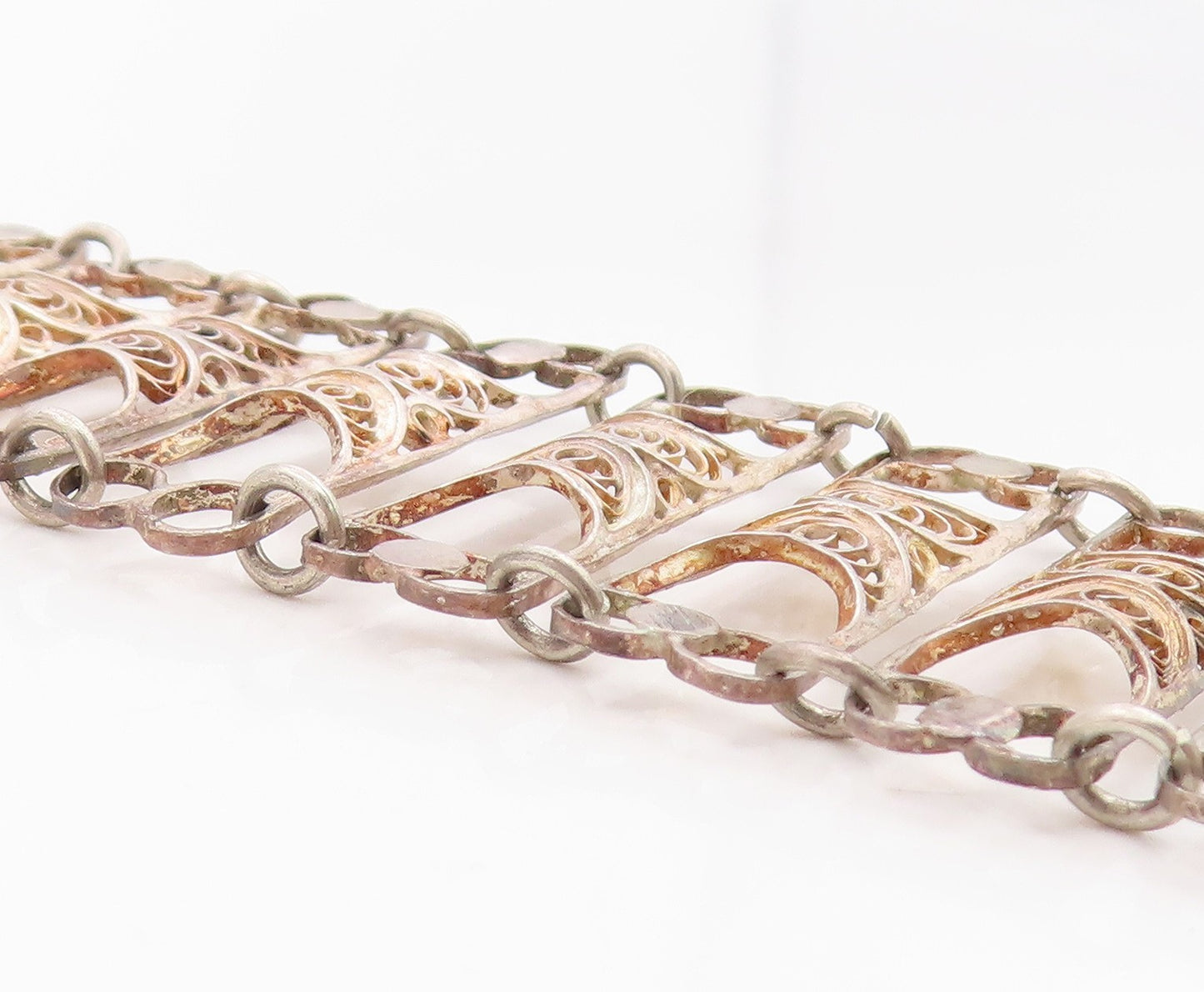 925 Sterling Silver Vintage Bracelet Intricate Filigree Wide Panel Link  BT12040
