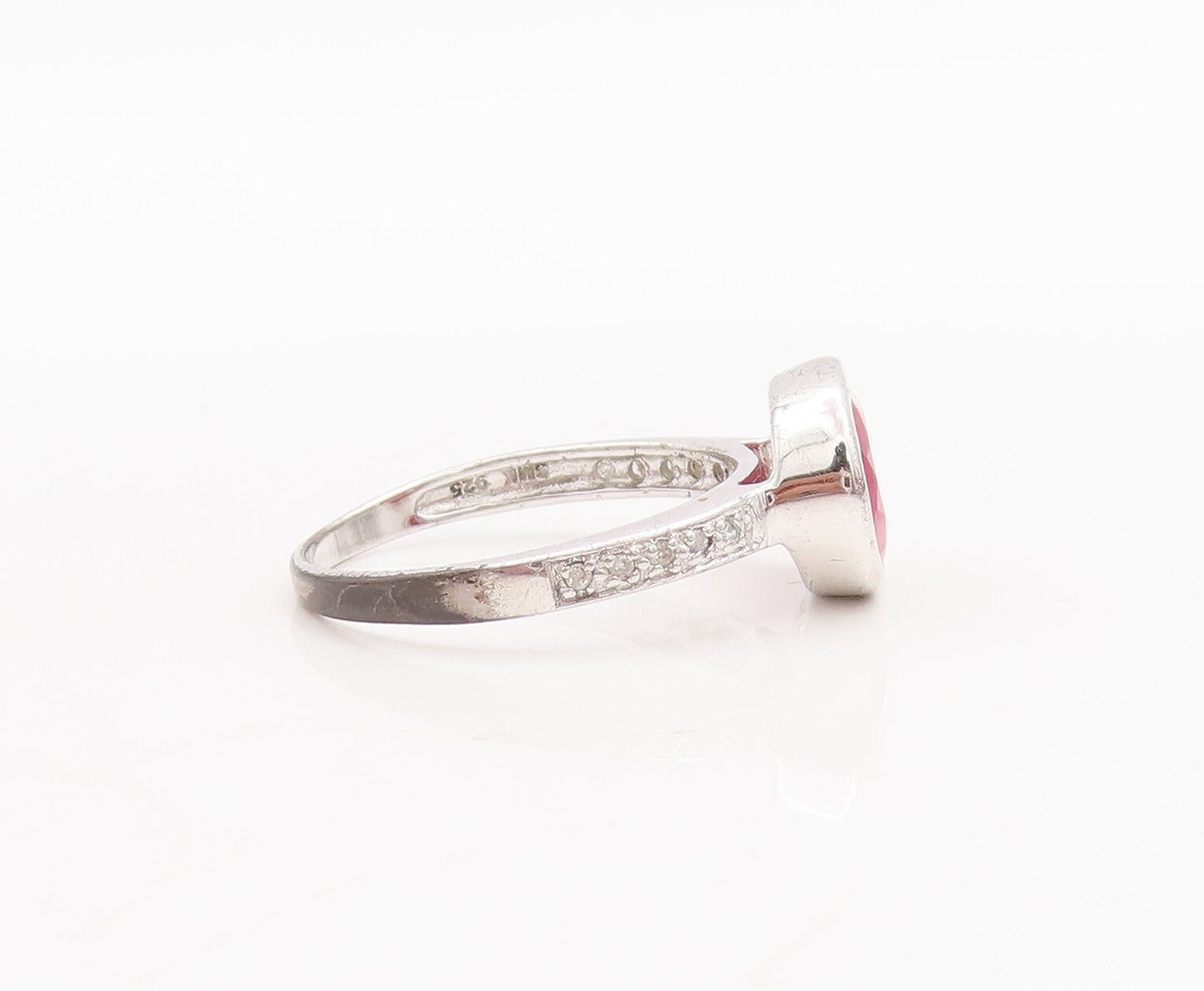 925 Sterling Silver Vintage Ring Oval Ruby Inlay Real Diamonds  Sz 7  RG29018