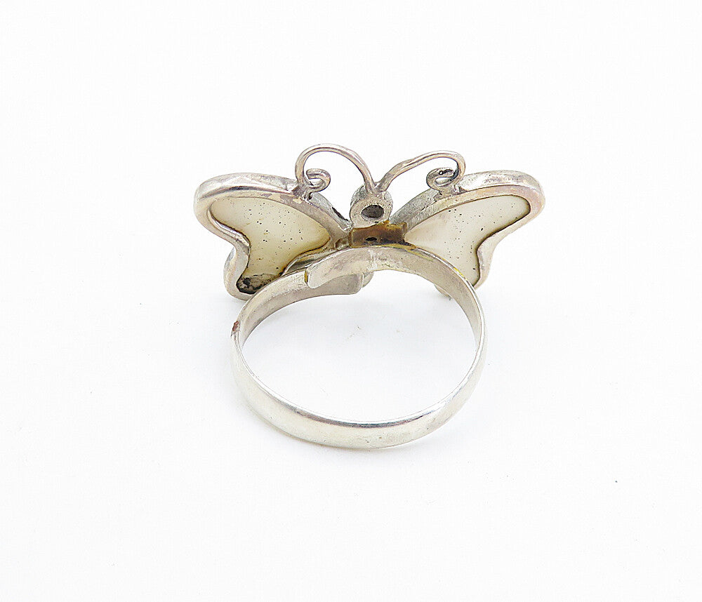 925 Silver  Vintage Mother Of Pearl Butterfly Motif Cocktail Ring Sz 7  RG7857