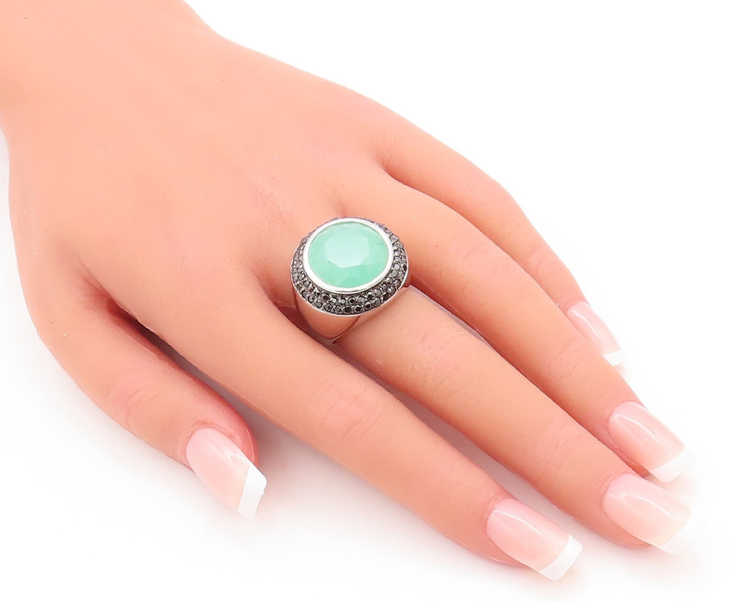 925 Sterling Silver Vintage Ring Round Green Gemstone Halo Spinel  Sz 7  RG29602
