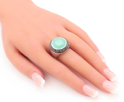 925 Sterling Silver Vintage Ring Round Green Gemstone Halo Spinel  Sz 7  RG29602