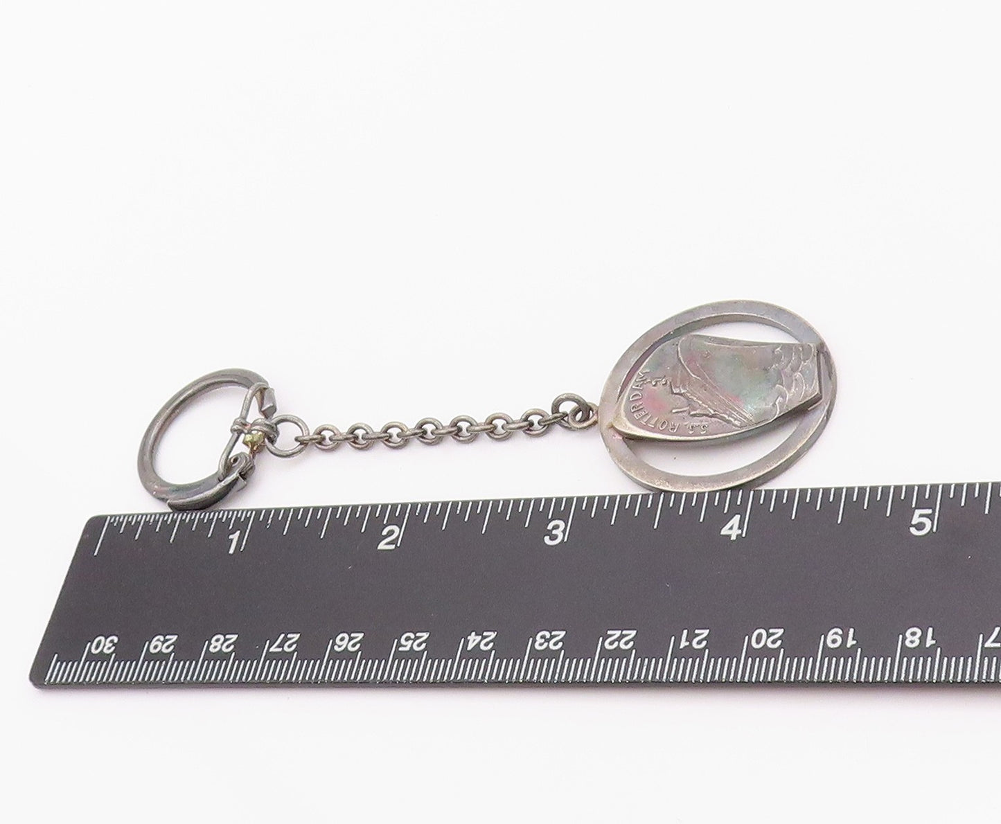 925 Sterling Silver Vintage Key Chain Dark Tone SS Rotterdam Ship Carved  TR3934