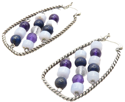 925 Silver  Vintage Agate Lapis Lazuli & Amethyst Beaded Hoop Earrings  EG6802