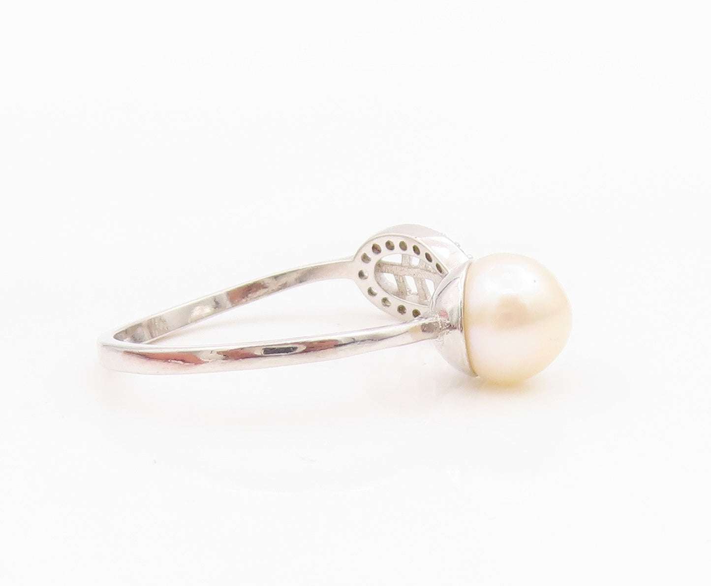 925 Sterling Silver Vintage Ring Elegant Pearl & CZ Floral Leaf  Sz 9  RG34244